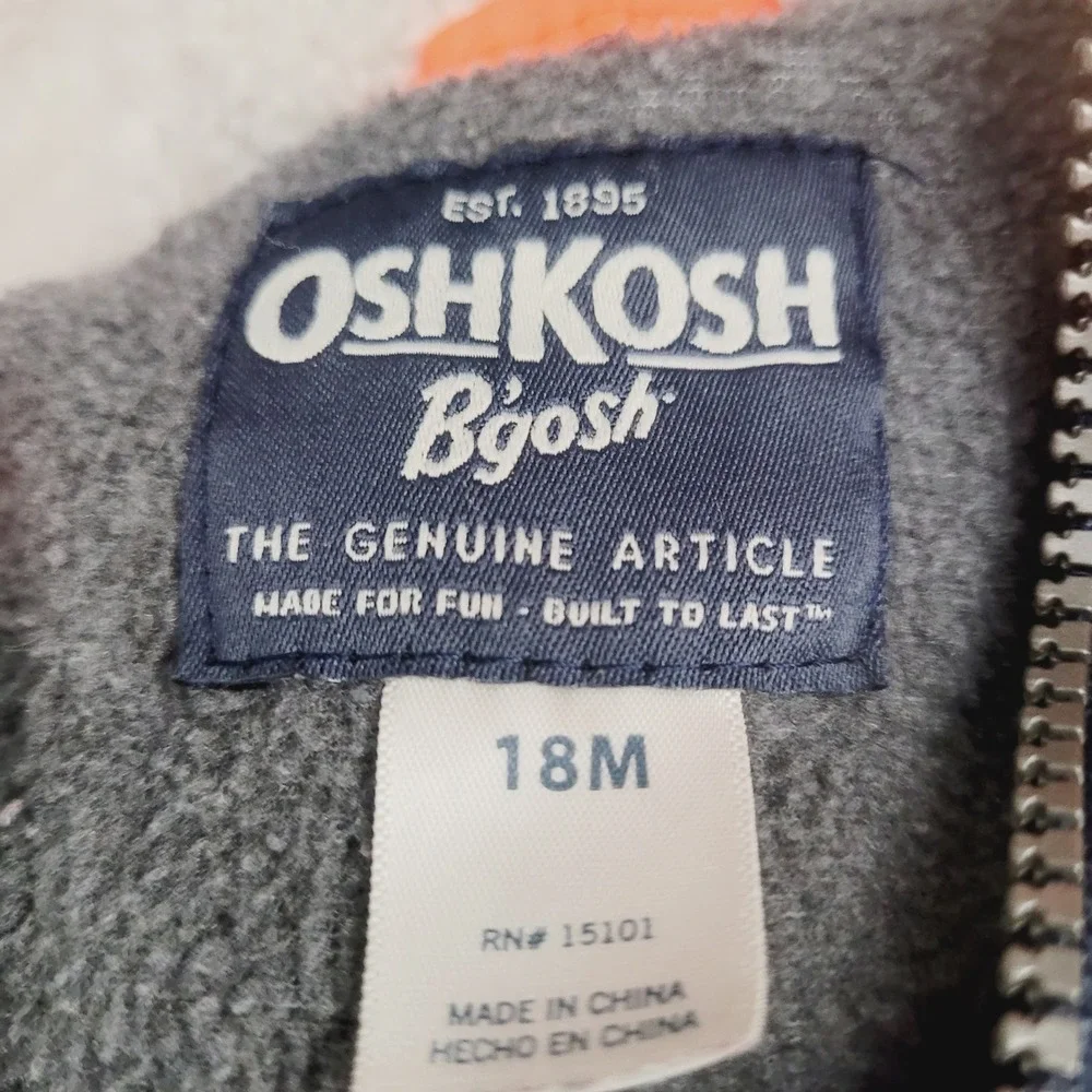 OshKosh Kids B'gosh Colorblock Puffer Jacket Size 18M Orange Navy Gray Hooded